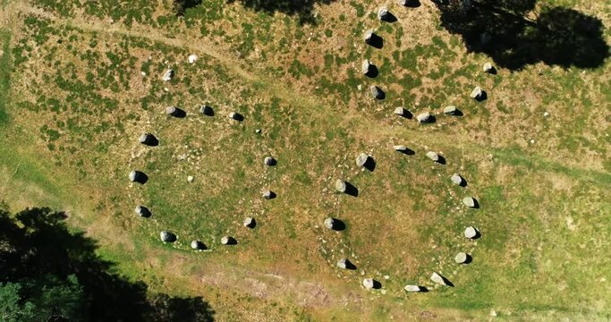Aerial view above archaeological stone circles with largest number of petroglyphs from the Bronze Age