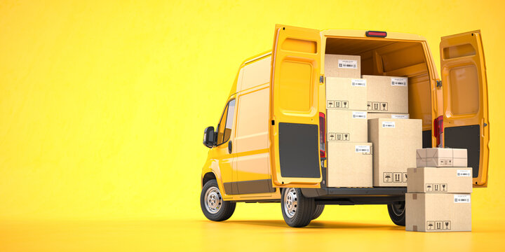 Fast Espress Delivery Concept. Rear View Of Yellow Delivery Van With Cardboard Boxes On Yellow Background.