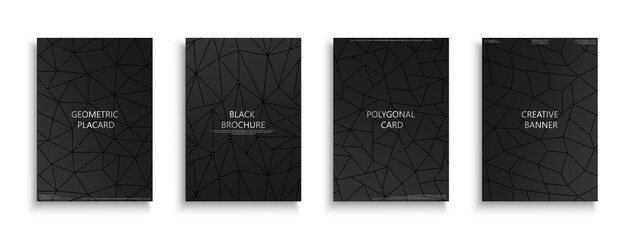 Set of black geometric polygonal covers, templates, backgrounds, placards, brochures, banners, flyers and etc. Dark elegant creative posters, card, catalogs and etc