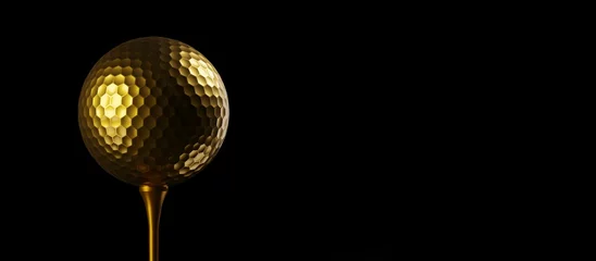 Fotobehang Gold golf ball on golden golf tee over black background, winner or champion concept © Shawn Hempel