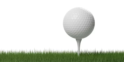 Poster White golf ball on white golf tee in green grass over white background with shadow © Shawn Hempel