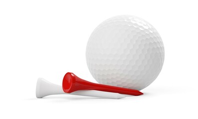 White golf ball with white and red golf tee over white background