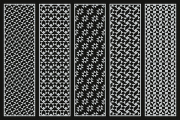 Set of vector black decorative seamless patterns with geometric shapes. Abstract fabric dark backgrounds. Monochrome mosaic textures