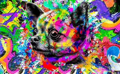 Foto op Plexiglas Dog's head illustration on white background with colorful creative elements © reznik_val