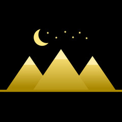 Three egypt ancient pyramids of giza are egyptian pharaoh tomb with crescent moon and stars in night on black background flat vector icon design.