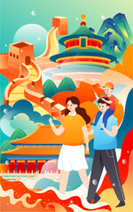 Family travel to celebrate birthday for the motherland with buildings and flags in the background, vector illustration, Chinese translation: Party Founding Day