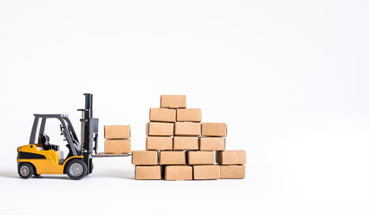 Industry and business transportation with forklift loading product box.economy with demand and supply concepts.