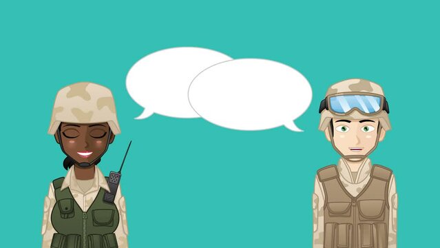 Cartoon animation of soldier avatars with talking bubbles. The bubbles are ready to be filled. Easy to edit looping animation.
