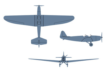 KL-25 Training Plane 1929. Top, Side, Front View Silhouettes. Vintage airplane. Vector clipart isolated on white.