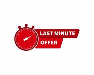 Fototapeta na wymiar Red last minute offer logo, symbol. Promo with clock and banner. Last chance to buy concept. Sale banner, poster. Flat vector illustration.