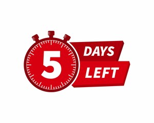 5 days left label with countdown for promo design. Count down timer for sale announcement. Date counter badge with limited time on clock