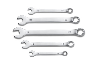 Wrench isolated on white. Spanners. Many wrenches. Industrial background. Set of wrench tool equipment. Set of wrenches in different sizes.