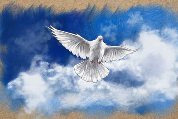 white dove flying in the sky crayon on kraft paper digital art