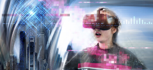 Fototapeta premium Young girl wearing VR headset, enjoying game, visual simulation, learning, virtual travelling.