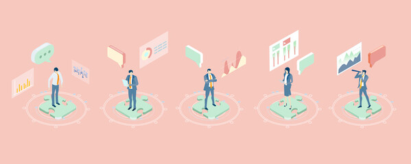 Isometric business environment. Business people, team working in server room, big data analyse, new business, start up, technology, computing, automatisation concept