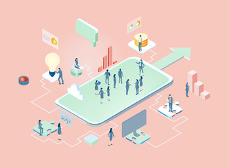 Isometric business environment. Business people, team working in server room, big data analyse, new business, start up, technology, computing, automatisation concept