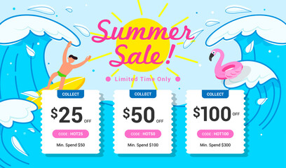 Summer sale coupon template background vector illustration. Happy Big waves surfing - obrazy, fototapety, plakaty