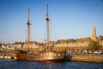 Fototapeta na wymiar Old corsair ship in the port of Saint-Malo, Brittany, France