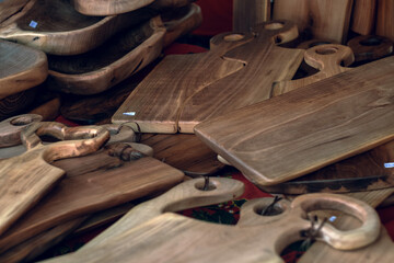 Beautiful aged texture of handmade wooden cutting board for kitchen