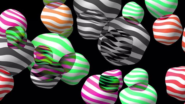 Abstract colorful background with flying or floating simple geometric forms. 3d sphere animation.