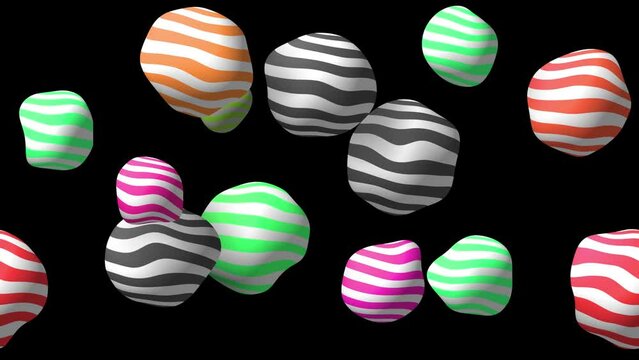 Abstract colorful background with flying or floating simple geometric forms. 3d sphere animation.