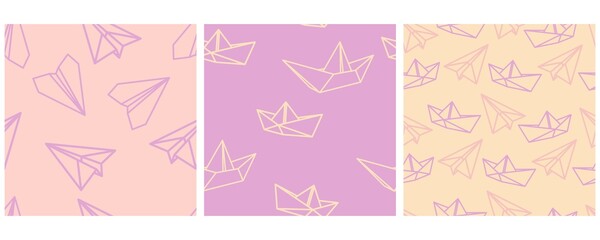 Set of seamless vector patterns with paper boats and airplanes. Origami. Ships and planes from colored lines for print and fabric.