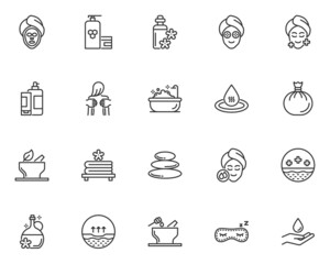 set of self care line icons, healthcare, beauty, spa, wellness