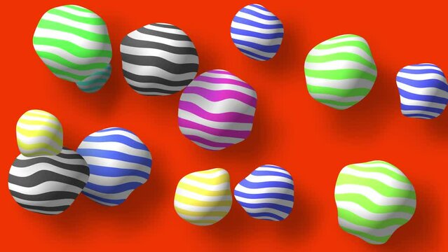 Abstract colorful background with flying or floating simple geometric forms. 3d sphere animation.