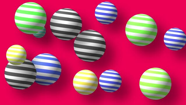 Abstract colorful background with flying or floating simple geometric forms. 3d sphere animation.