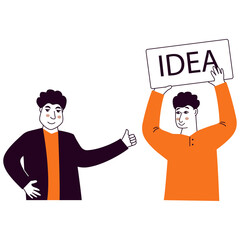 People talking and thinking.Two men talk.Businessmen discuss social network.Brainstorm doodle hand drawn elements.Came up with an idea.Man holding up his index finger.