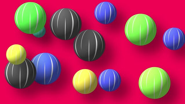 Abstract colorful background with flying or floating simple geometric forms. 3d sphere animation.