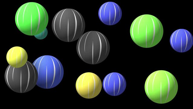 Abstract colorful background with flying or floating simple geometric forms. 3d sphere animation.