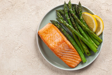 raw salmon steaks on white plate, copy space, top view
