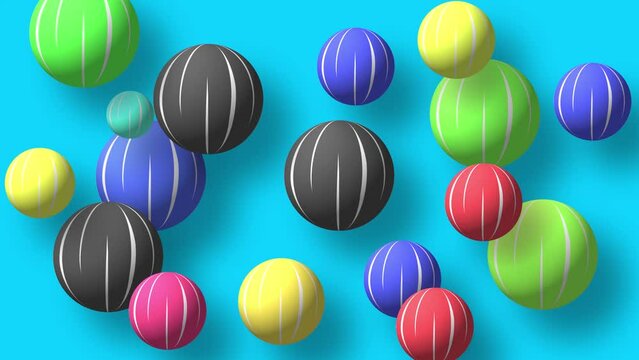 Abstract colorful background with flying or floating simple geometric forms. 3d sphere animation.