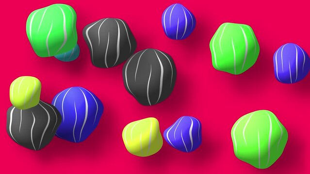 Abstract colorful background with flying or floating simple geometric forms. 3d sphere animation.