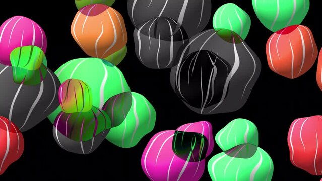 Abstract colorful background with flying or floating simple geometric forms. 3d sphere animation.