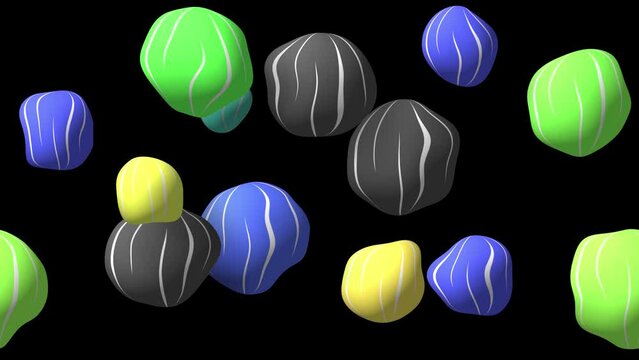 Abstract colorful background with flying or floating simple geometric forms. 3d sphere animation.