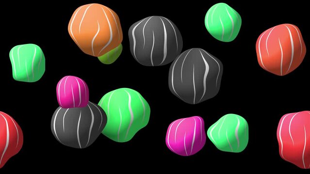 Abstract colorful background with flying or floating simple geometric forms. 3d sphere animation.