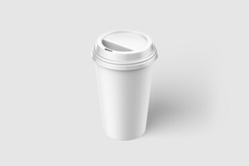 Paper coffee cup with plastic cap mockup template, isolated on light grey background. High resolution.