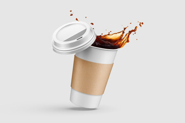 Paper coffee cup with sleeve and coffee splash mockup template, isolated on light grey background....