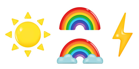 Set emoji icon, yellow sun and lightning, colorful rainbow. Realistic glossy 3d emotions. Vector illustration