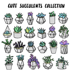 Plants in pots collection. Succulents set in modern concrete flower pot. Cute doodle cartoon houseplants. Vector icons on white background. Hand drawn illustration for poster, banner or logo.