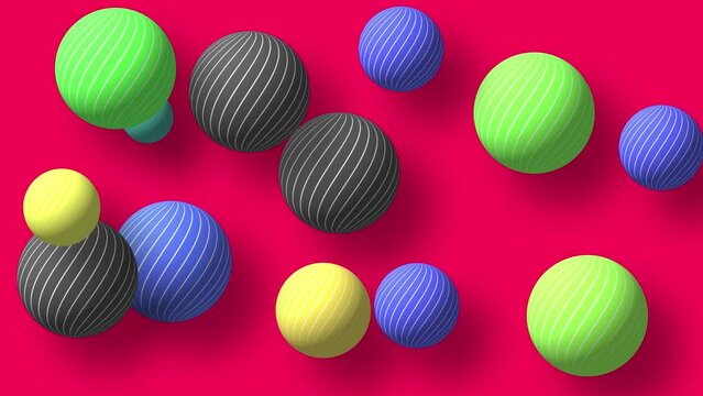 Abstract colorful background with flying or floating simple geometric forms. 3d sphere animation.