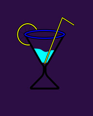 Image of cocktail with tubule and lemon on purple background
