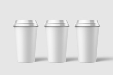 Three paper coffee cup with plastic cap mockup template, isolated on light grey background. High resolution.