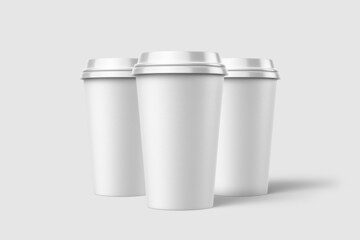 Three paper coffee cup with plastic cap mockup template, isolated on light grey background. High resolution.
