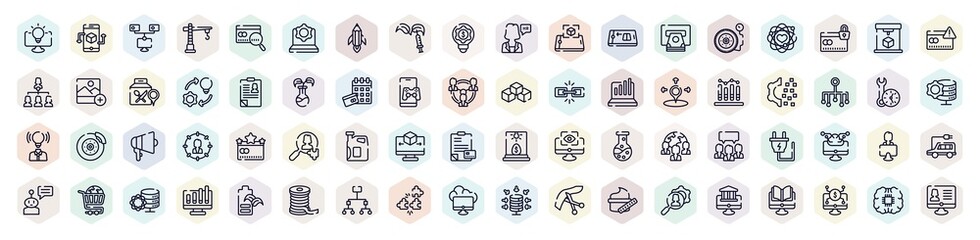 general outline icons set. thin line icons such as business intelligence, bpm, gmo, atm cash, hr policies, digital transformation, engine oil, coworking, edge computing icon.