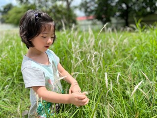 Beautiful little cute girl is picking up flower in the grass field with copy space
