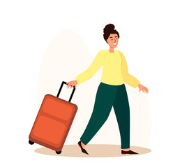 Business Trip,Travel Concept.Bright,Happy Woman with Suitcase Going to Registration in Airport.Female Tourist Character,Luggage Boarding on Airplane,Girl Traveler,Passenger.Cartoon Vector Illustration