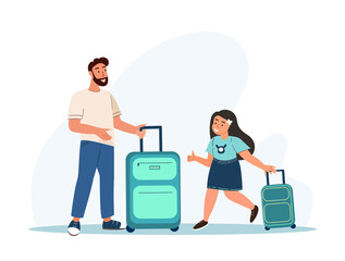 Family Trip,Travel Concept.Bright,Happy Parent Father and Daughter with Suitcase go to Registration in Airport.Tourist Characters,Luggage Boarding on Airplane,Travelers,Passengers.Vector Illustration